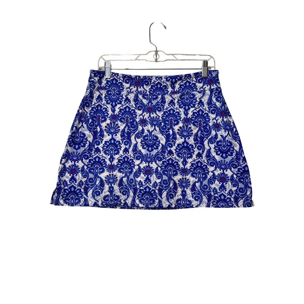 Tranquility by Curation+Clothing Blue White Damask Print A Line Skirt Medium